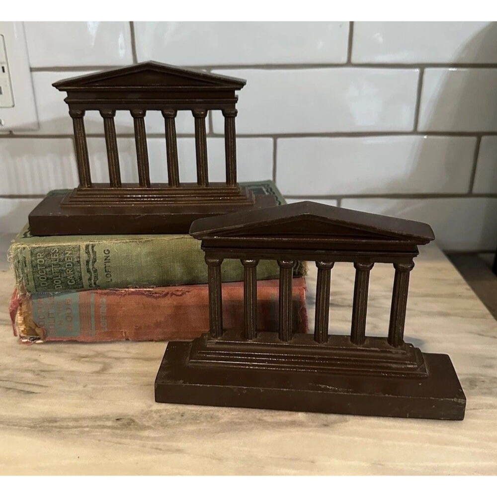 Antique Cast Iron Bookends Greek Parthenon Columns Roman Architecture Shelf Deco